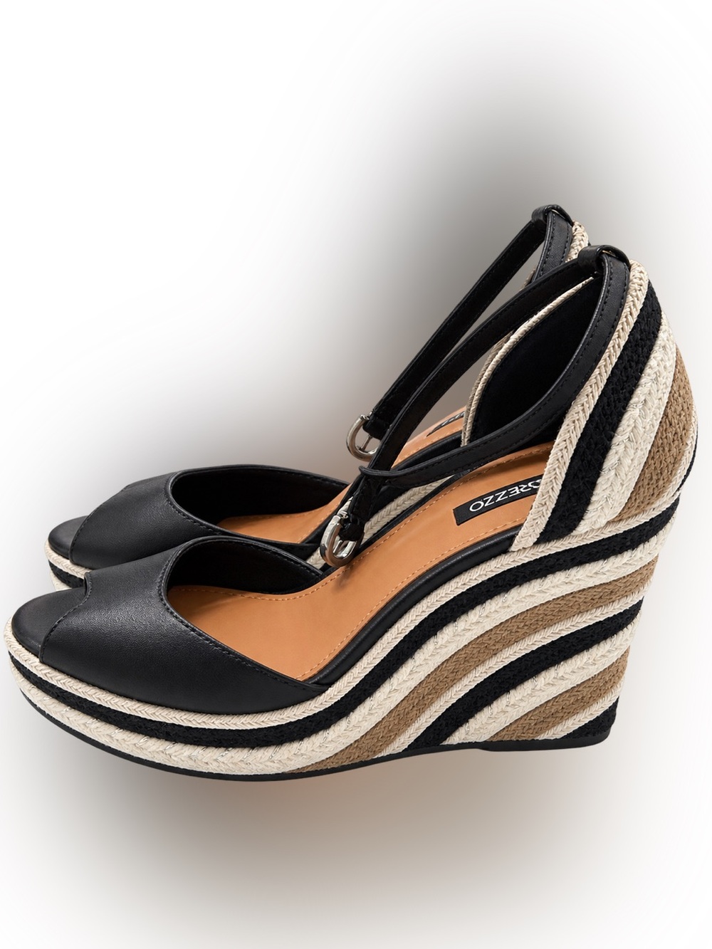 Black Leather Espadrille Wedge Sandals with Striped Rope Platform